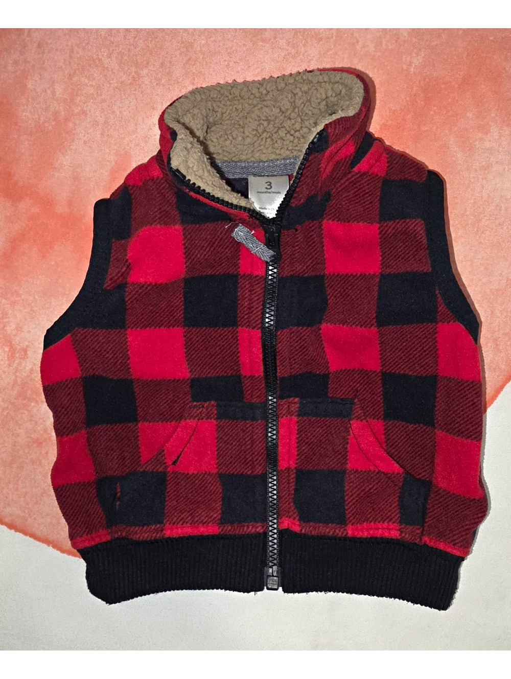 Carter's Red/Black Plaid Fleece Full Zip Lined Vest Sleeveless 0-3M